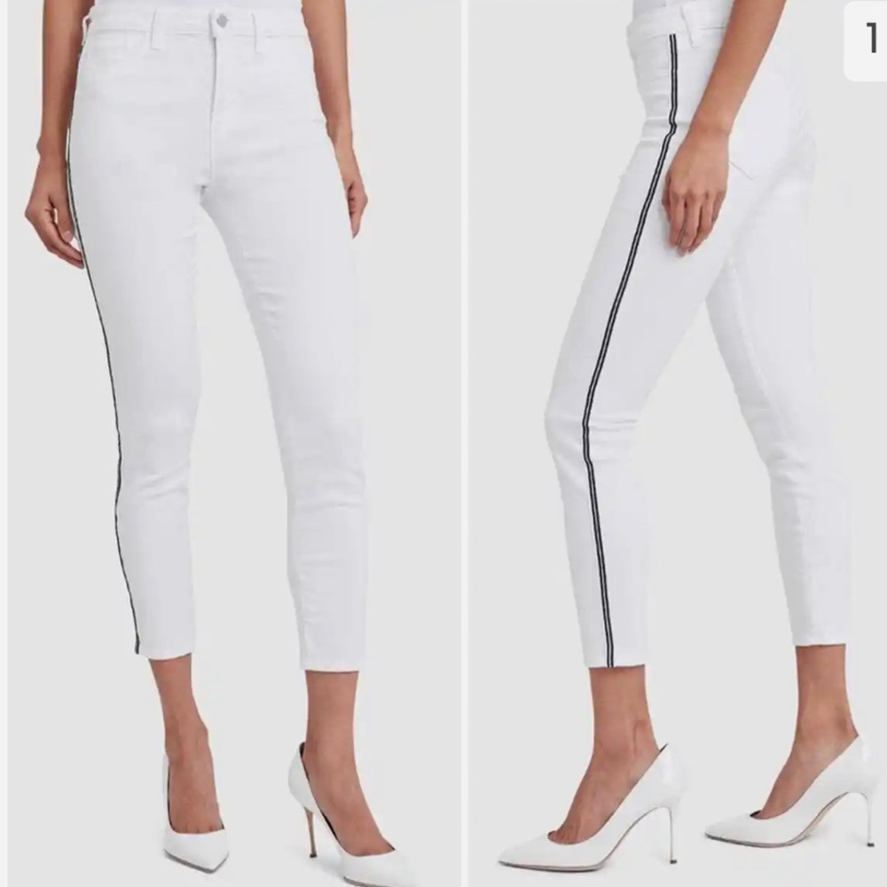 L’AGENCE Margot high rise white denim with navy pinstripe. Size 25